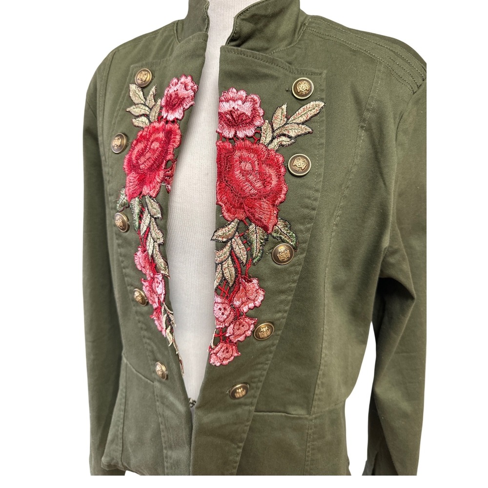 One 5 One Olive Green Military Peplum Jacket Red Floral Embroidery Womens Large - Picture 2 of 10